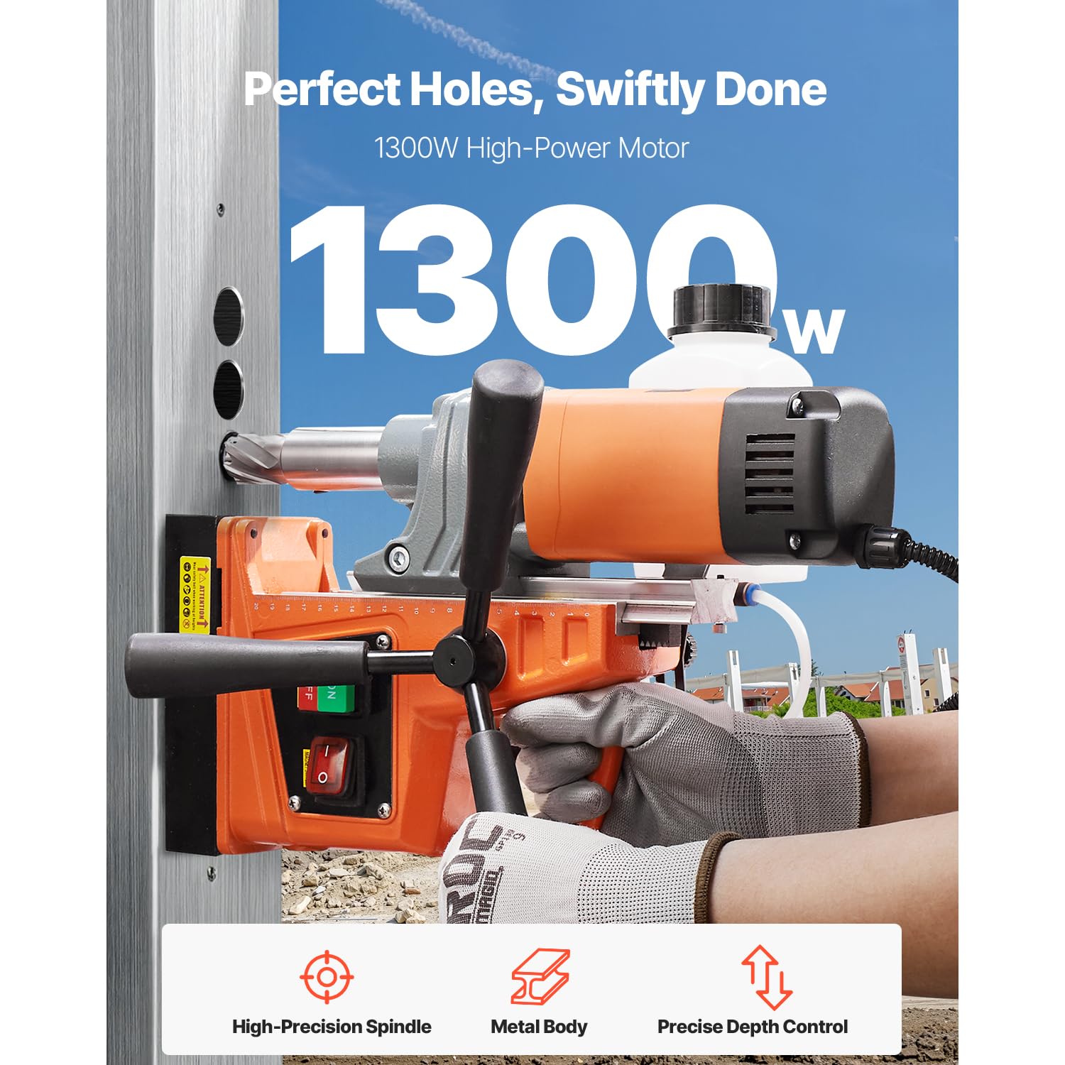 Magnetic drill press with 2922lbf magnet holding metal workpiece