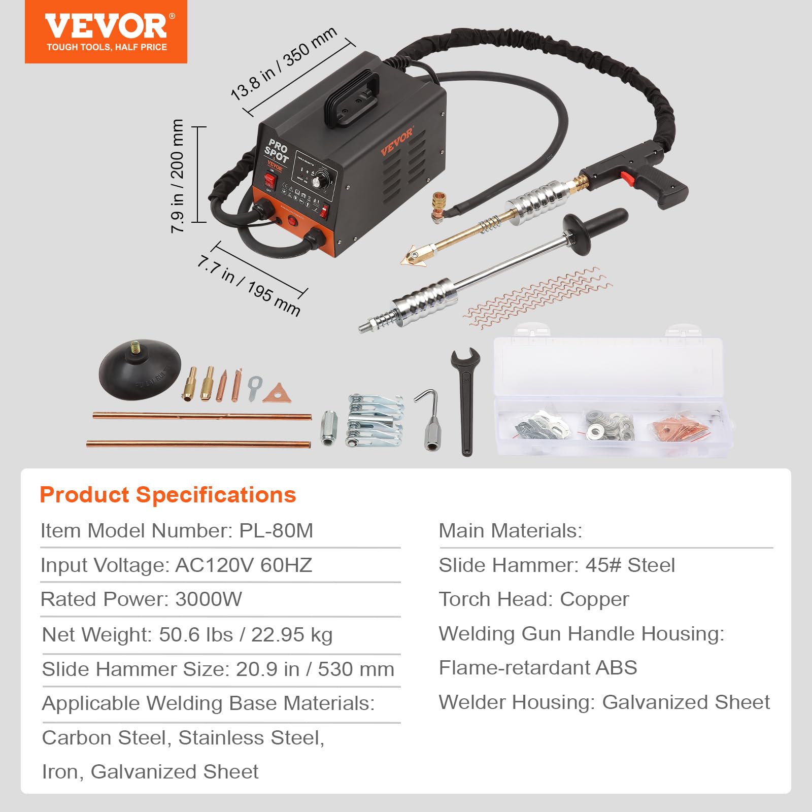 Toolbox and portable handle included in dent repair kit