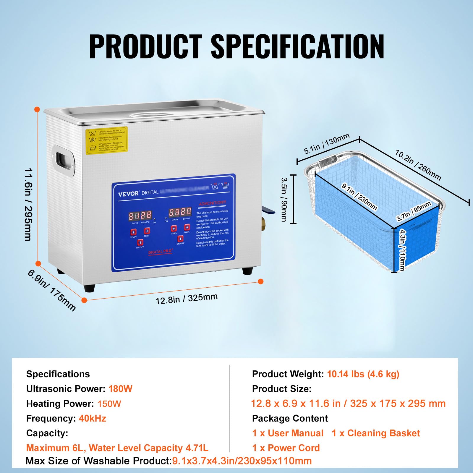 40kHz ultrasonic cleaner with heating power 200W