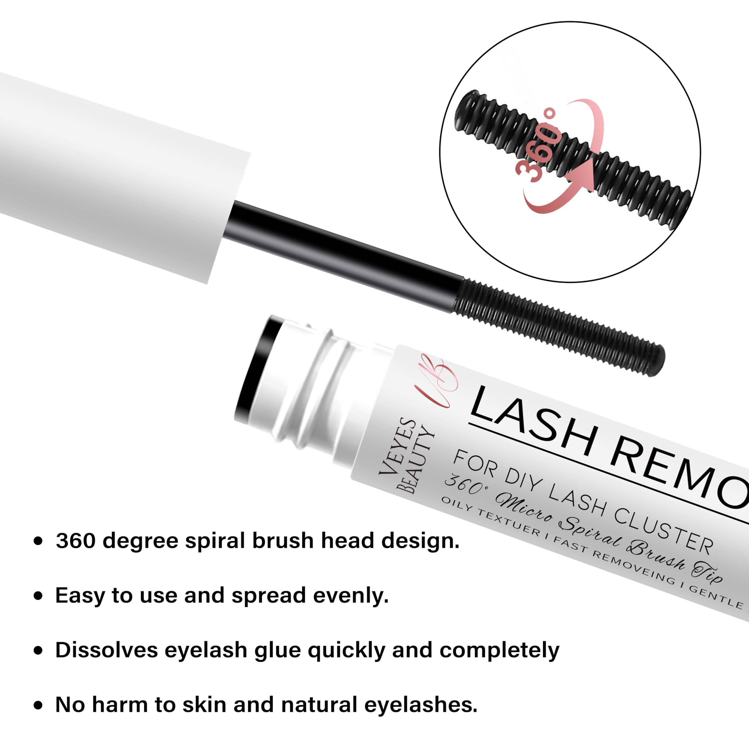 Close up of VEYESBEAUTY eyelash remover brush design spiral and stick