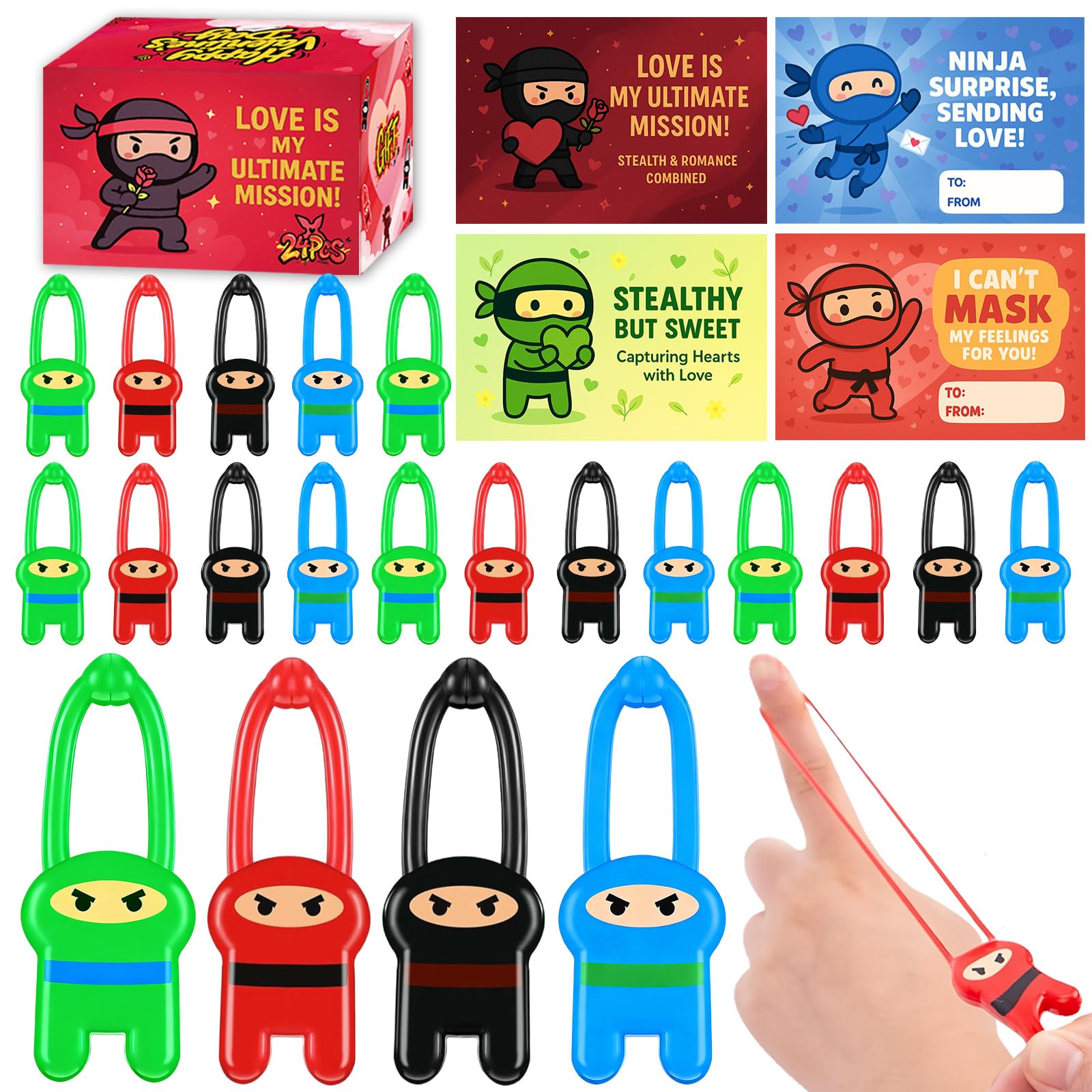 VHDQllAW 24Pcs Valentine ninja toys with cards set