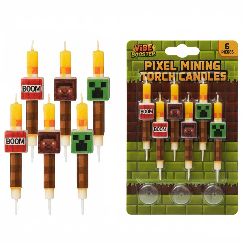 Six piece VIBE BOOSTER pixel miner birthday candles with cake picks