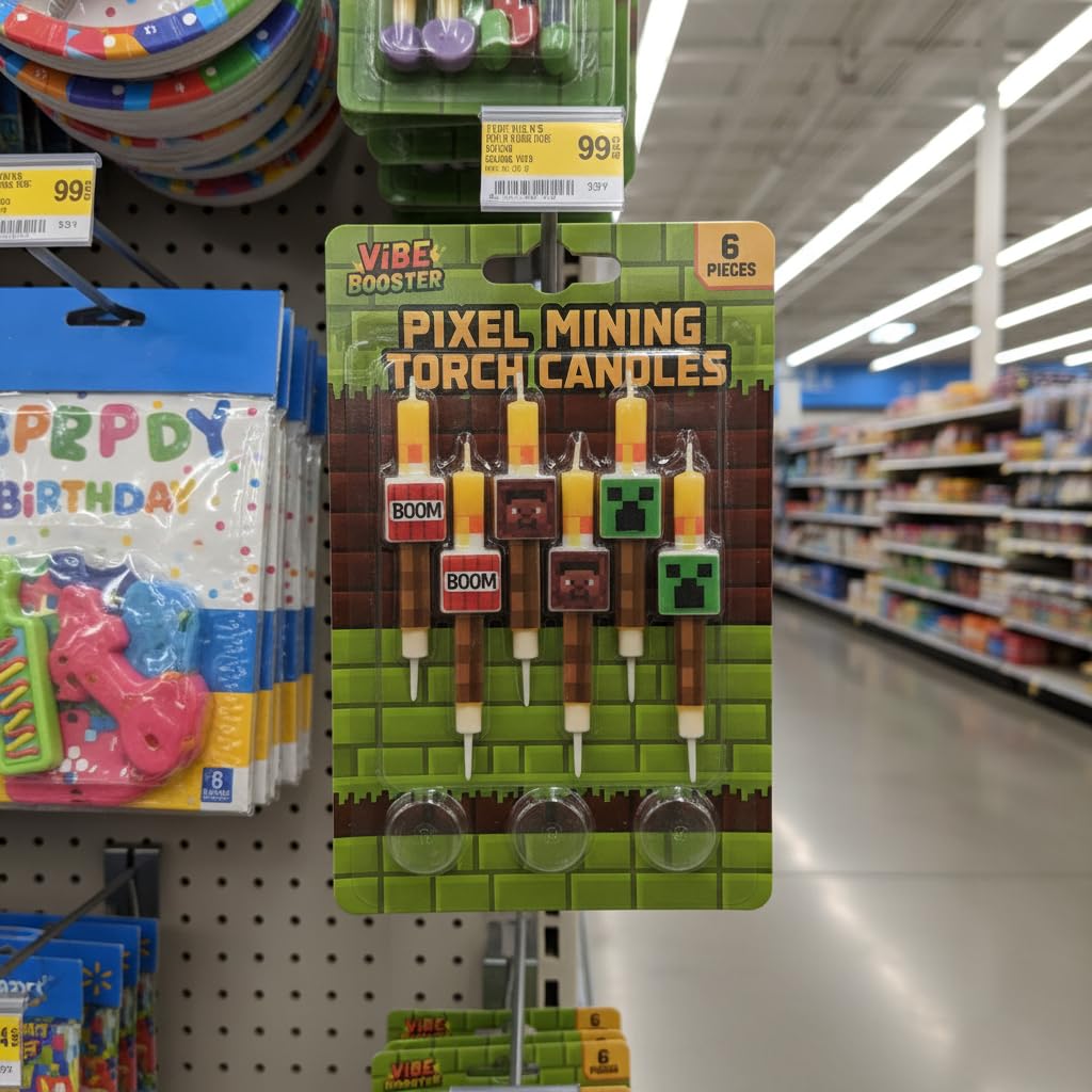 Two BOOM labeled candles for pixel miner birthday theme