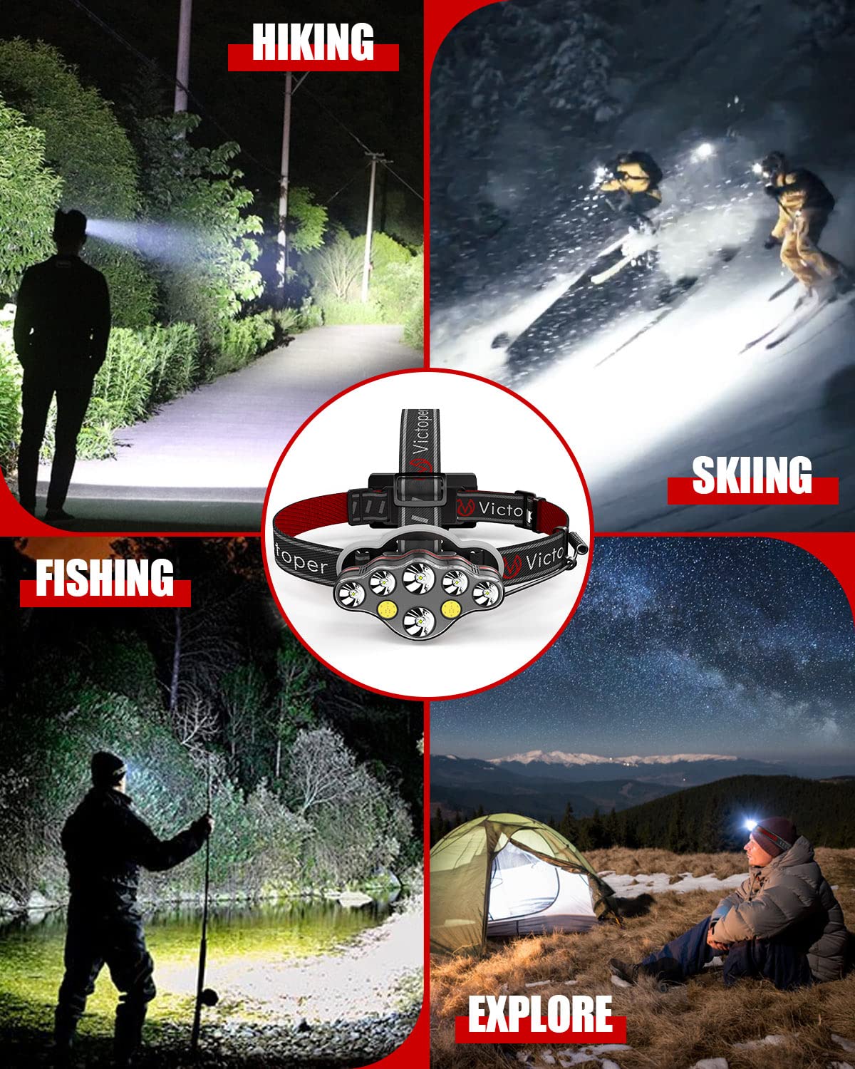 Headlamp with strong beam warm beam and side beam