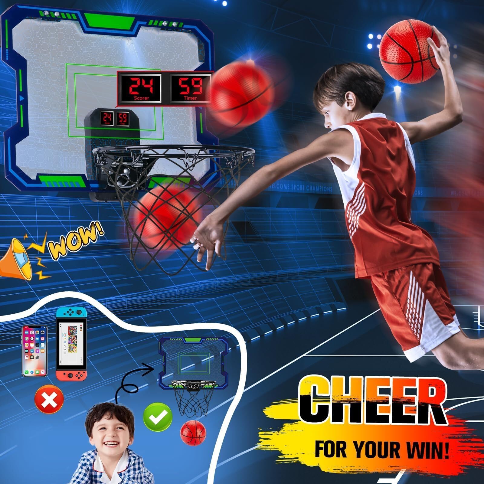 Electronic scoring countdown and music mode on indoor hoop