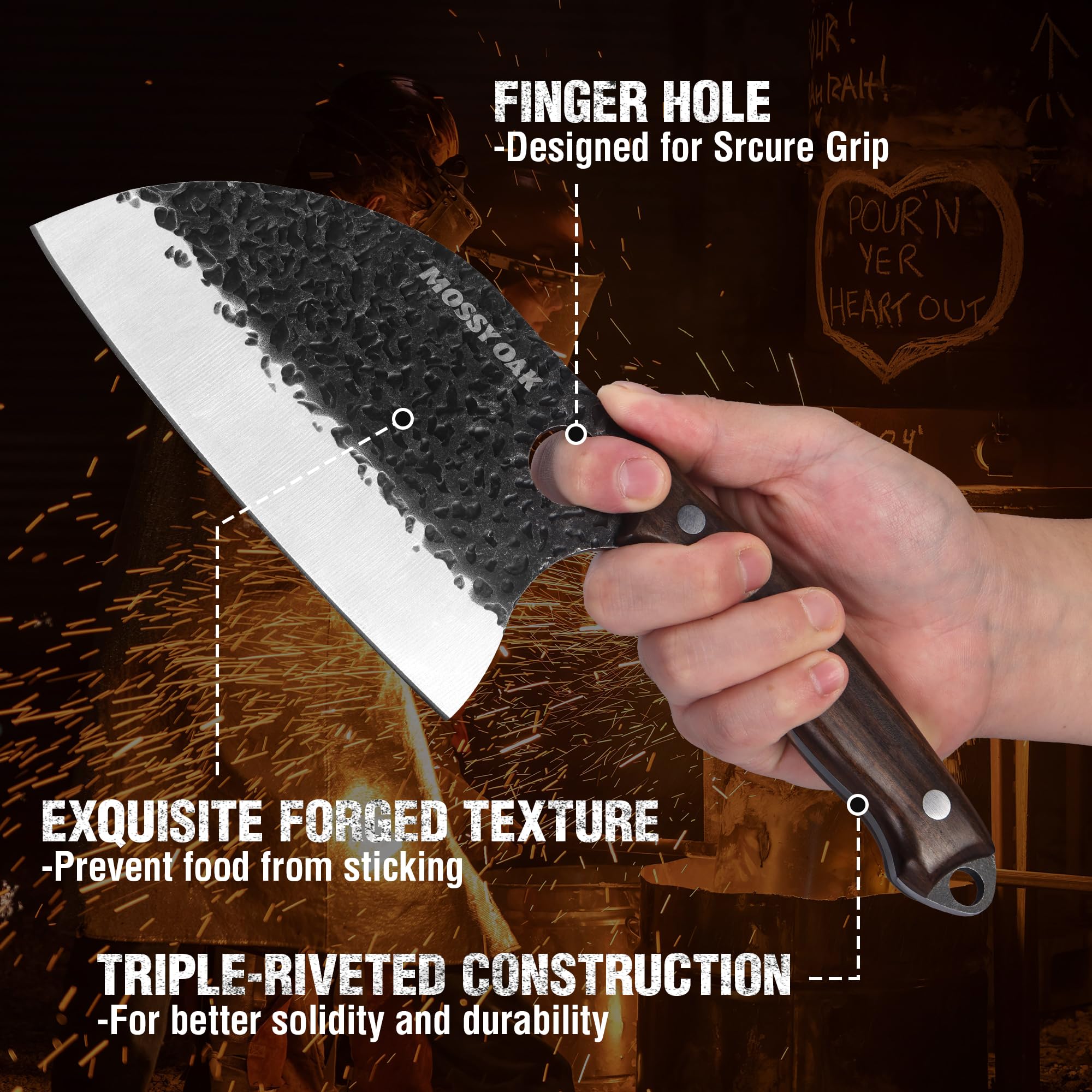 hand forged blade textured to prevent sticking