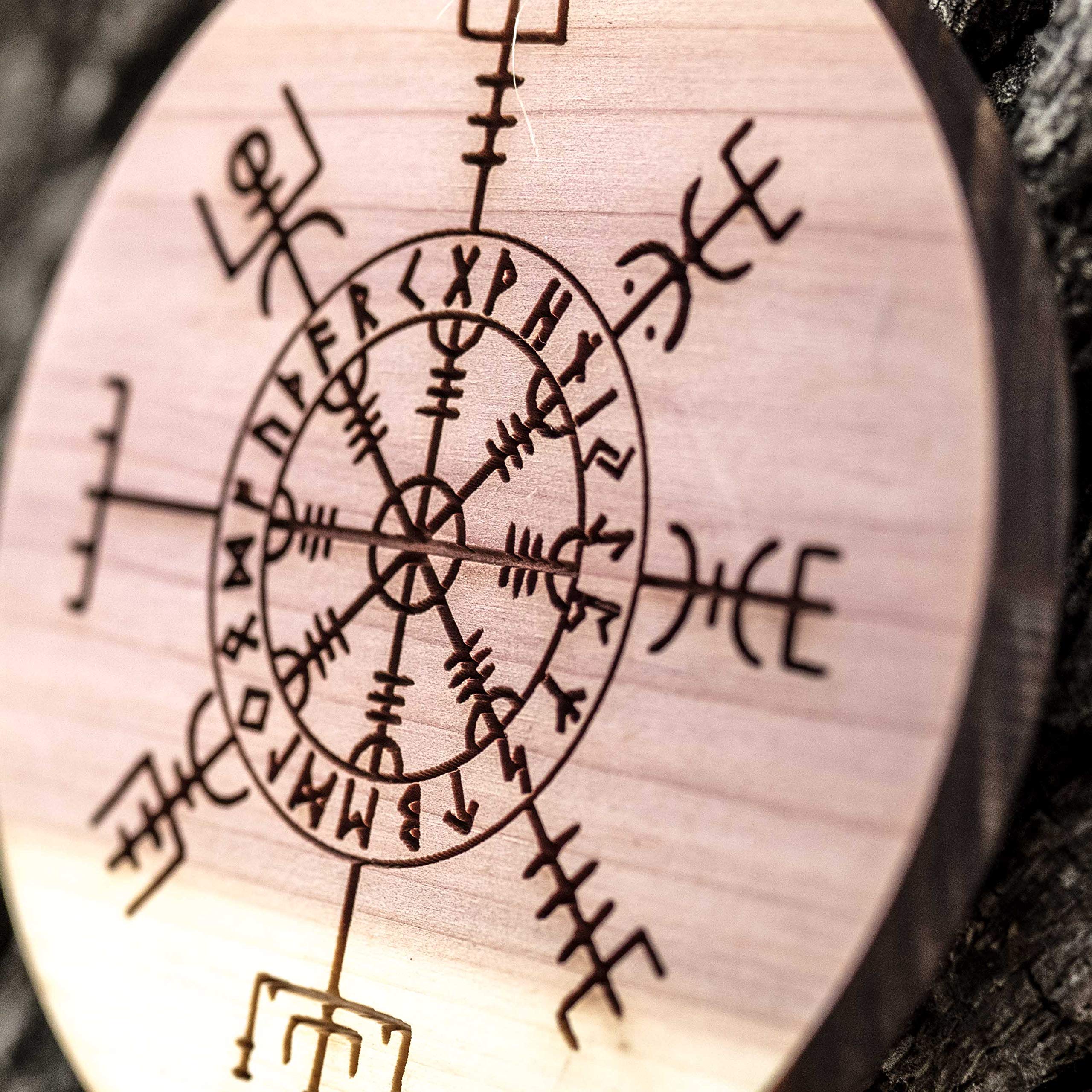 Front side sanded and engraved Viking Vegvisir Aegishjalmur cedar ornament