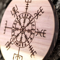 Front side sanded and engraved Viking Vegvisir Aegishjalmur cedar ornament