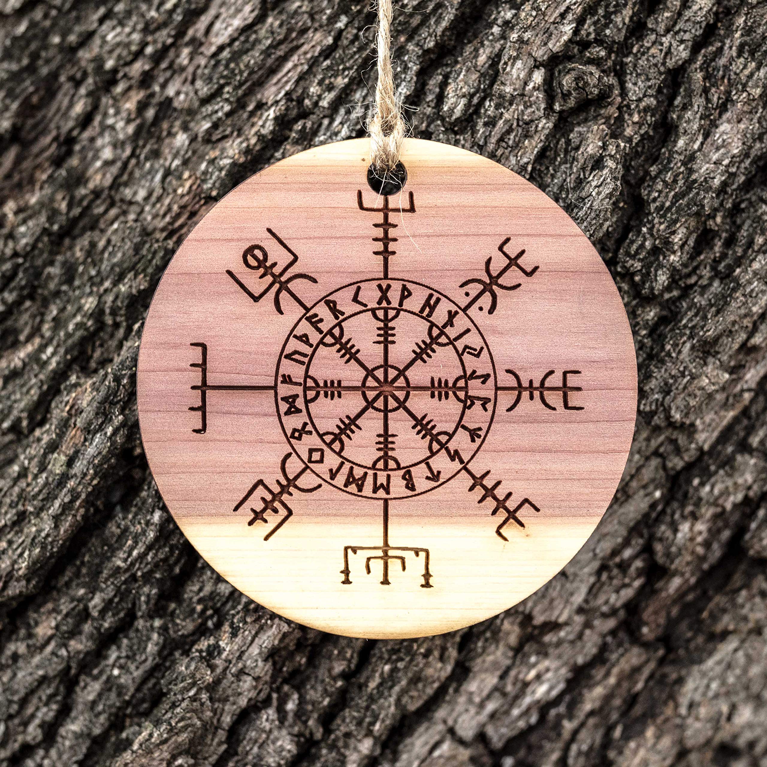 Unique wood grain cedar ornament Viking Vegvisir Aegishjalmur 3x3in