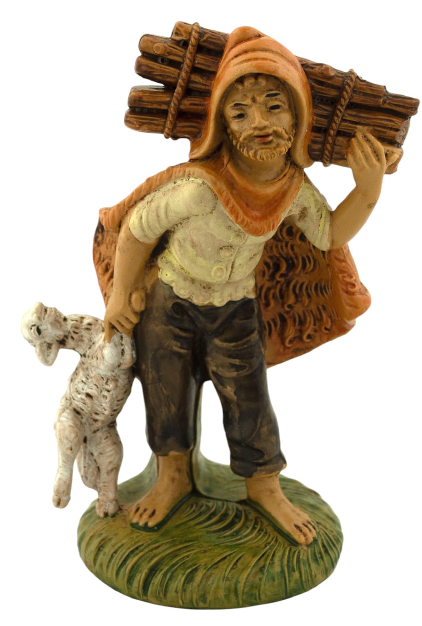 Village Gift Importers Nativity Villager Figurine with Lamb and Bundle of Wood Italian made