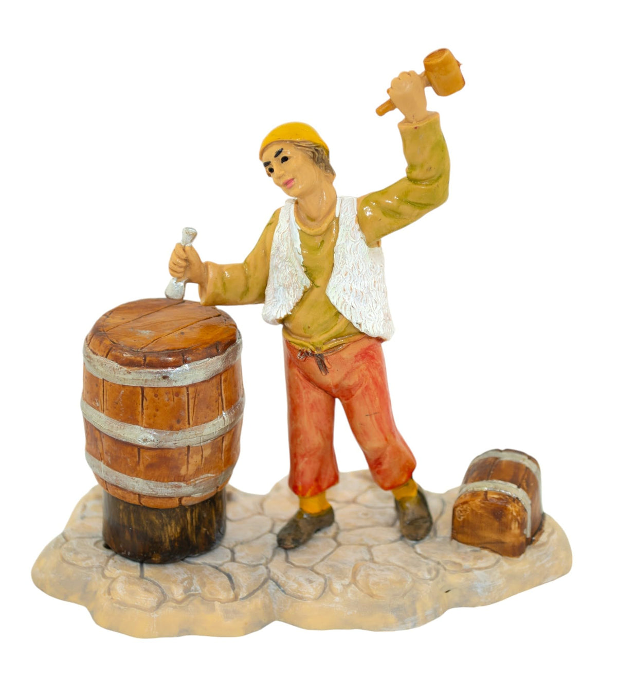 Villager tapping a barrel figurine dimensions 4.25 x 4.25 x 2.25 inches