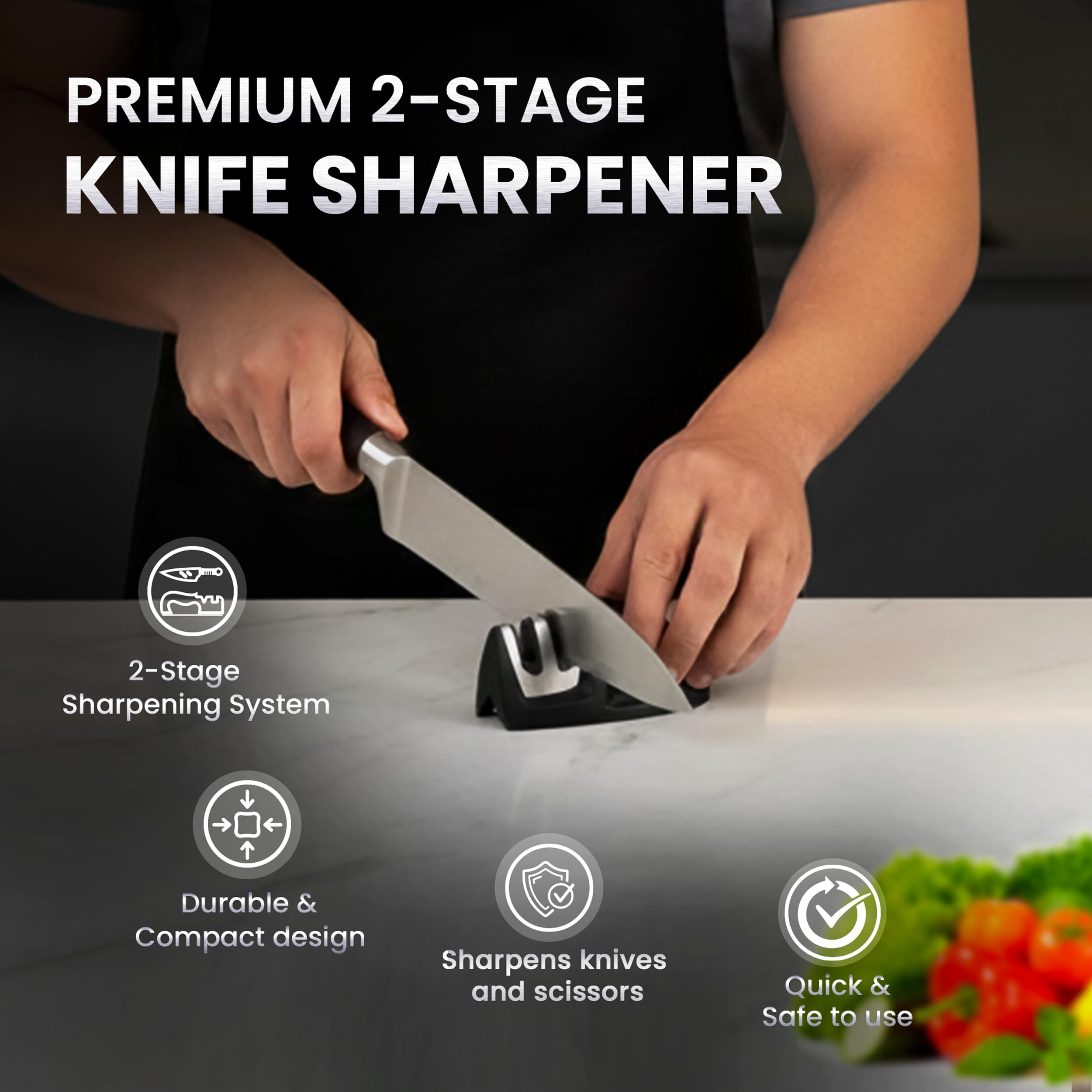 Two-stage knife sharpener included with VIMEA set