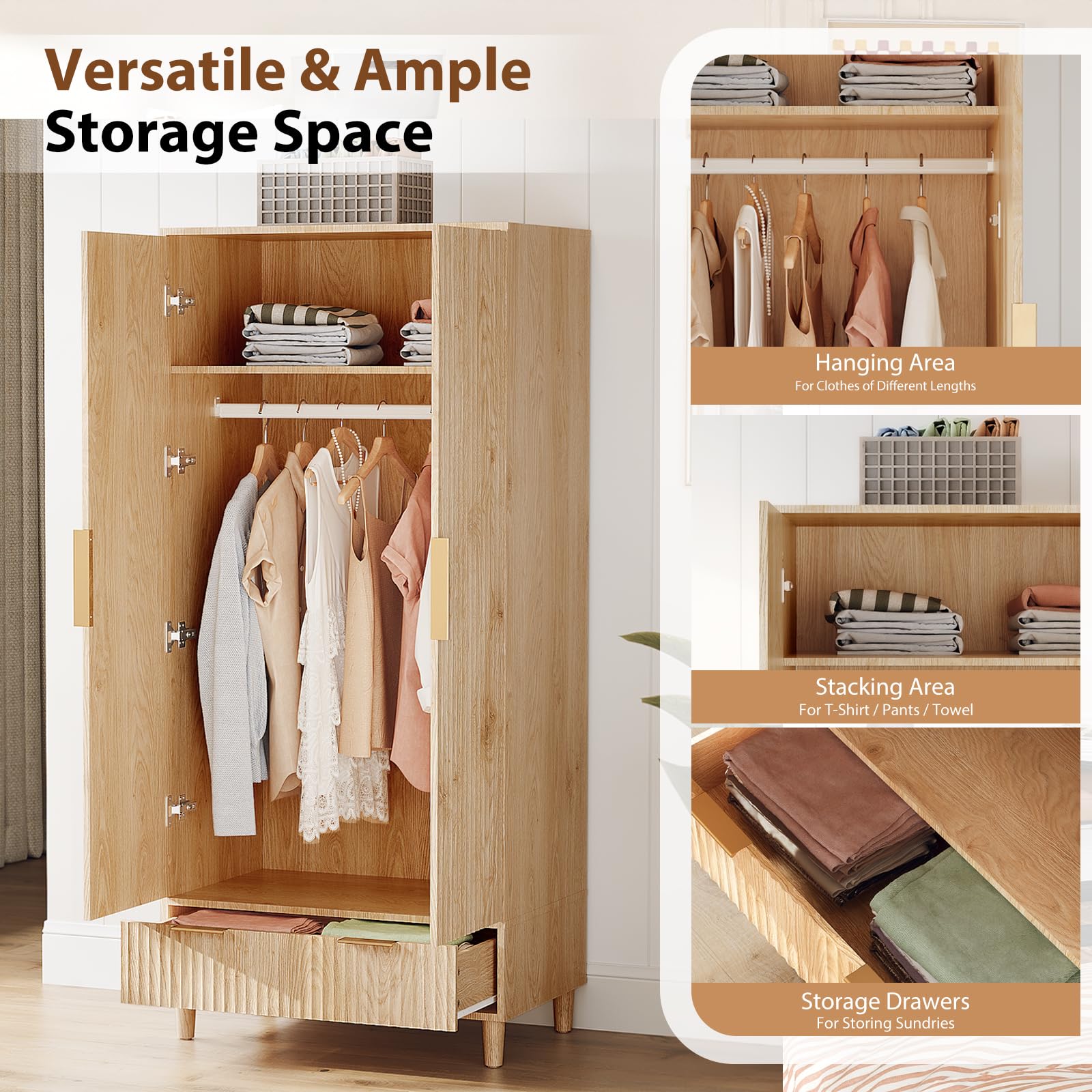 Armoire doors with cushioned hinge and glod iron handles
