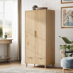 Front view of VINGLI fluted wardrobe armoire with doors and drawers