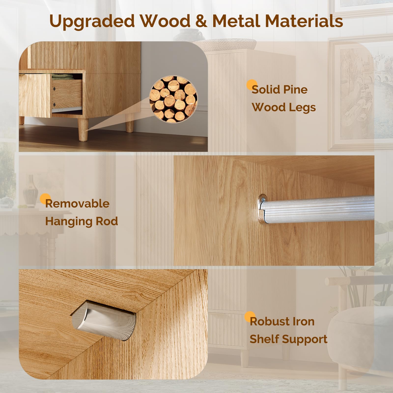 Solid wood legs supporting wardrobe armoire