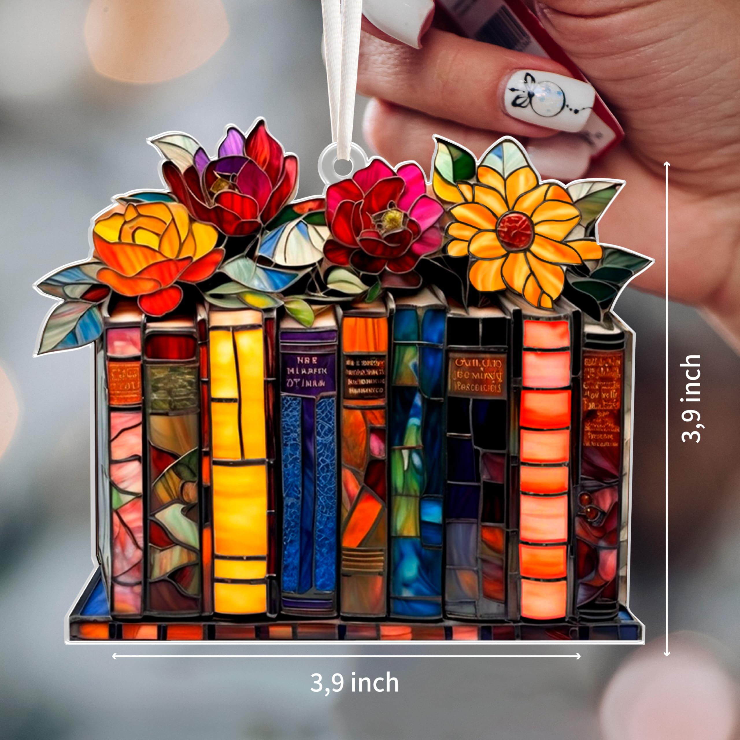 Vintage Bloom acrylic book ornament with ribbon and card