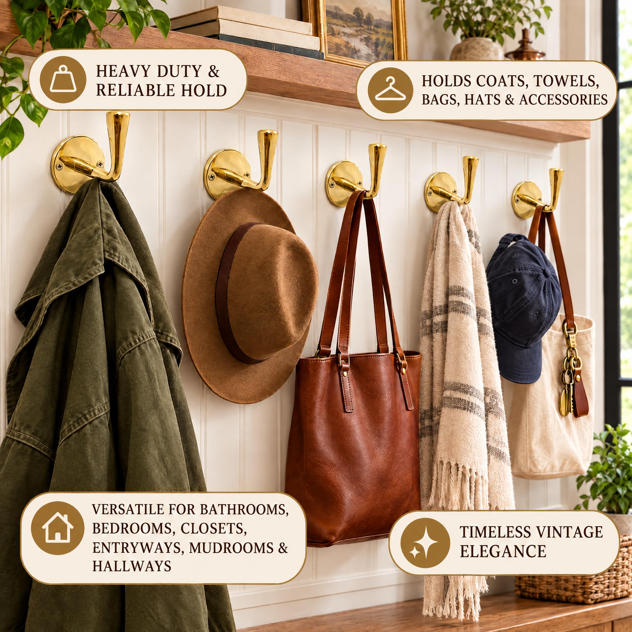 Coats towels and backpacks hung on sturdy brass hooks
