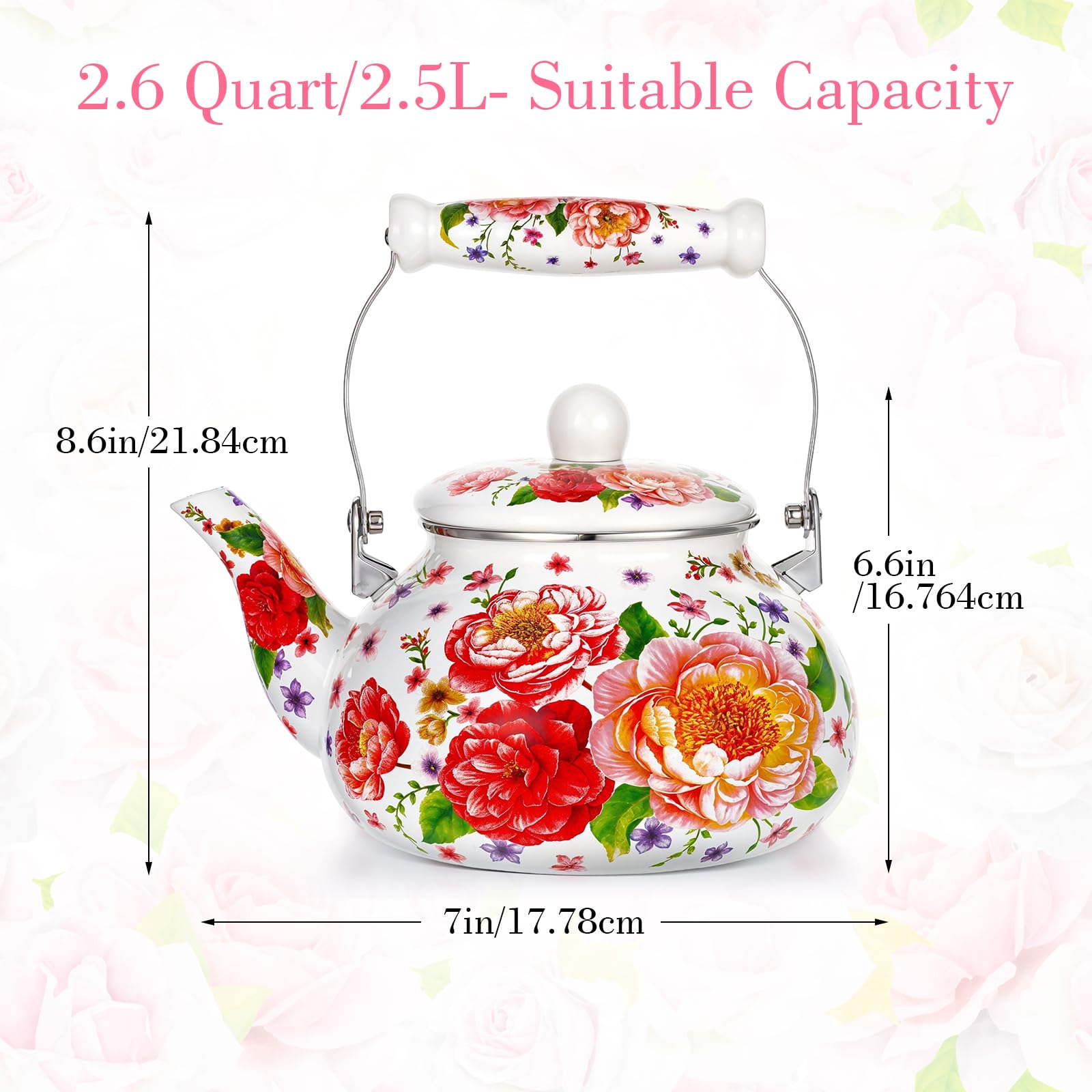 Vintage floral enamel teapot with hand decorated pattern