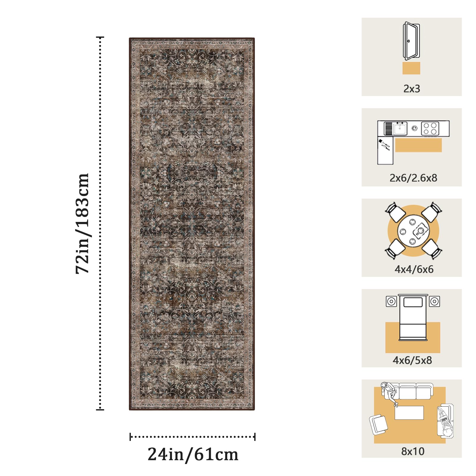 Vintage floral brown runner rug suitable for hallways
