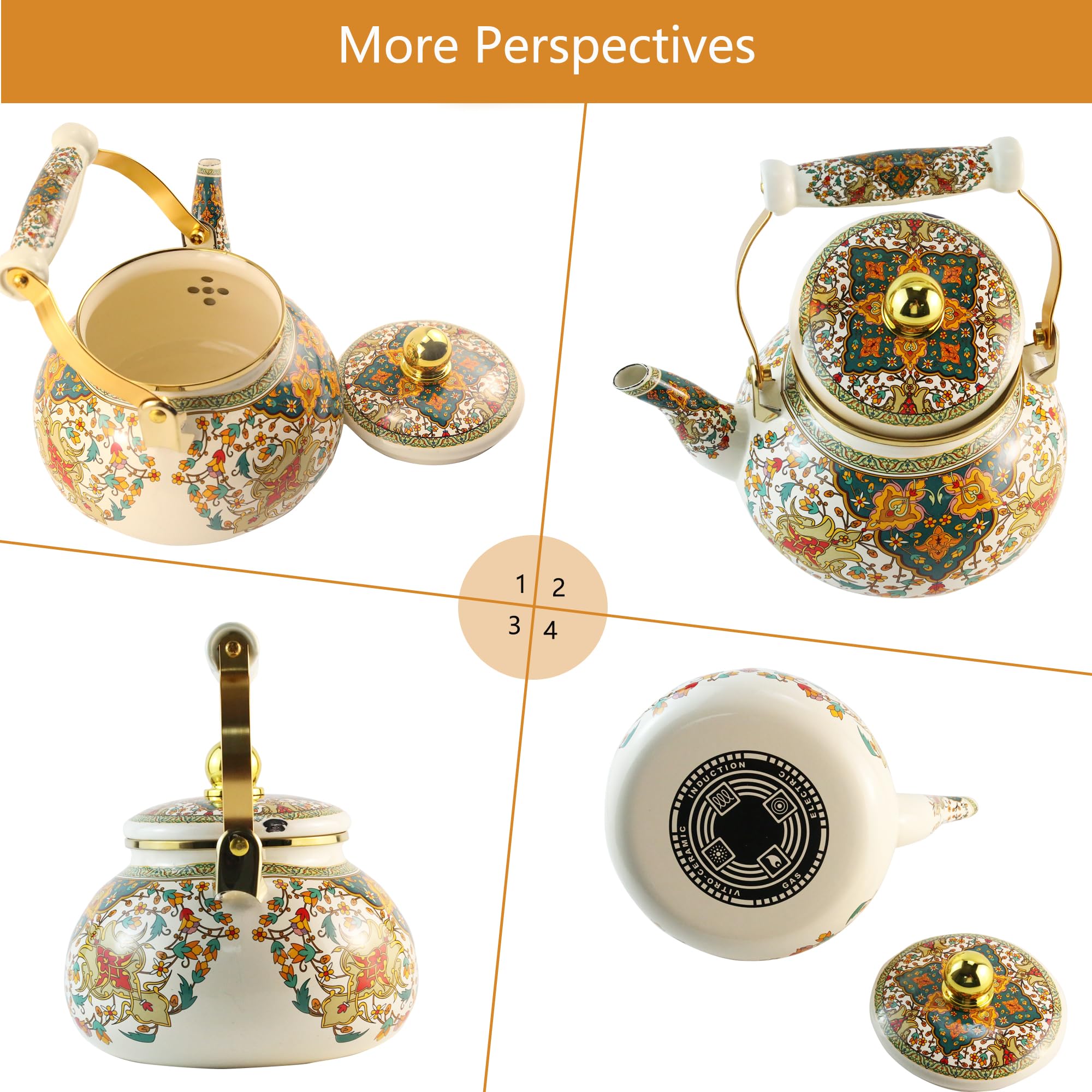 Vintage gold beige floral teapot ceramic handle close up