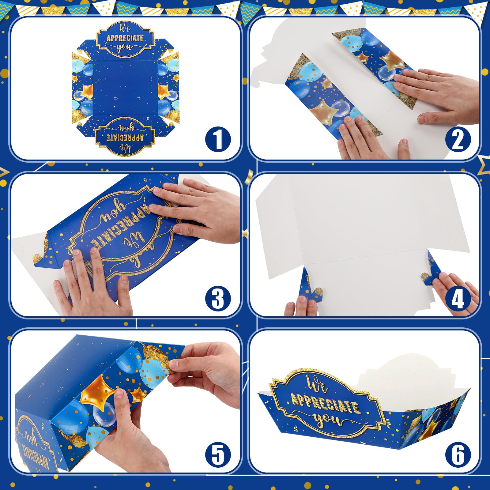 Deep blue and gold glitter accents on appreciation trays
