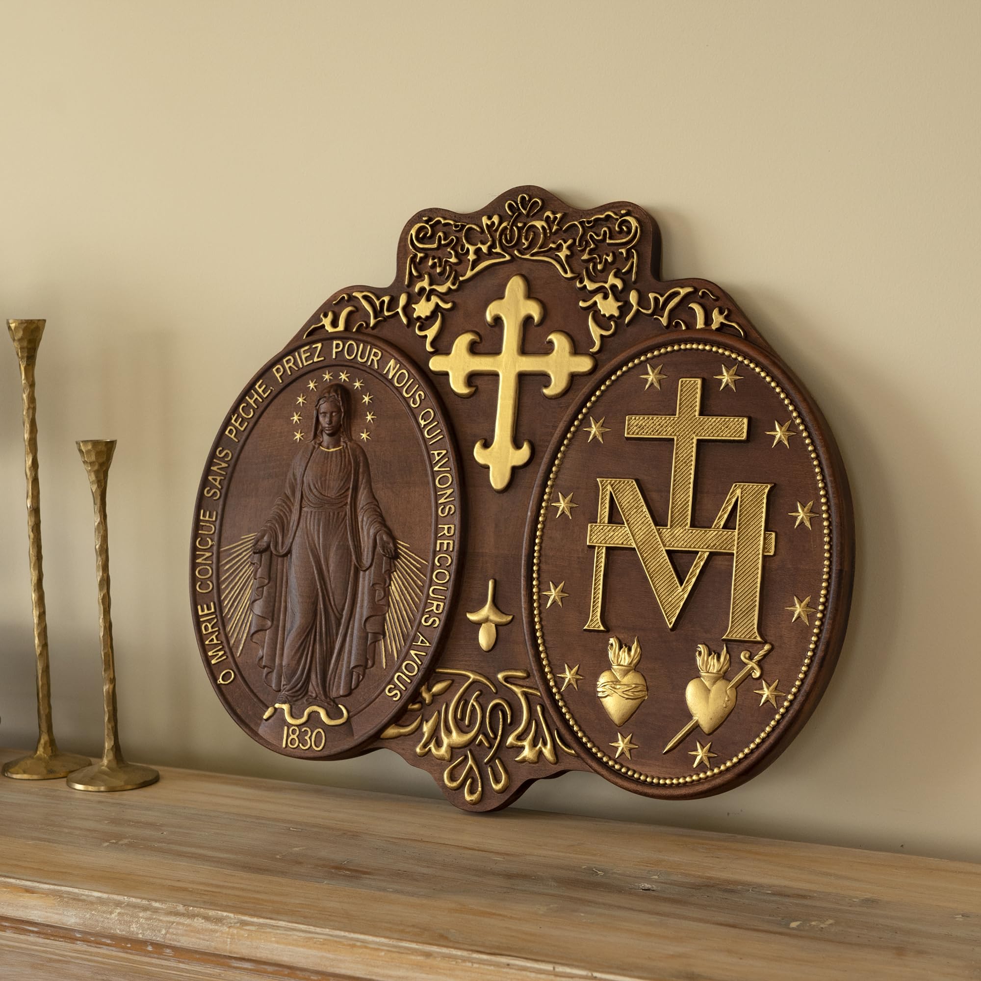 Virgin Mary wall decor 20 inch front view wood carving