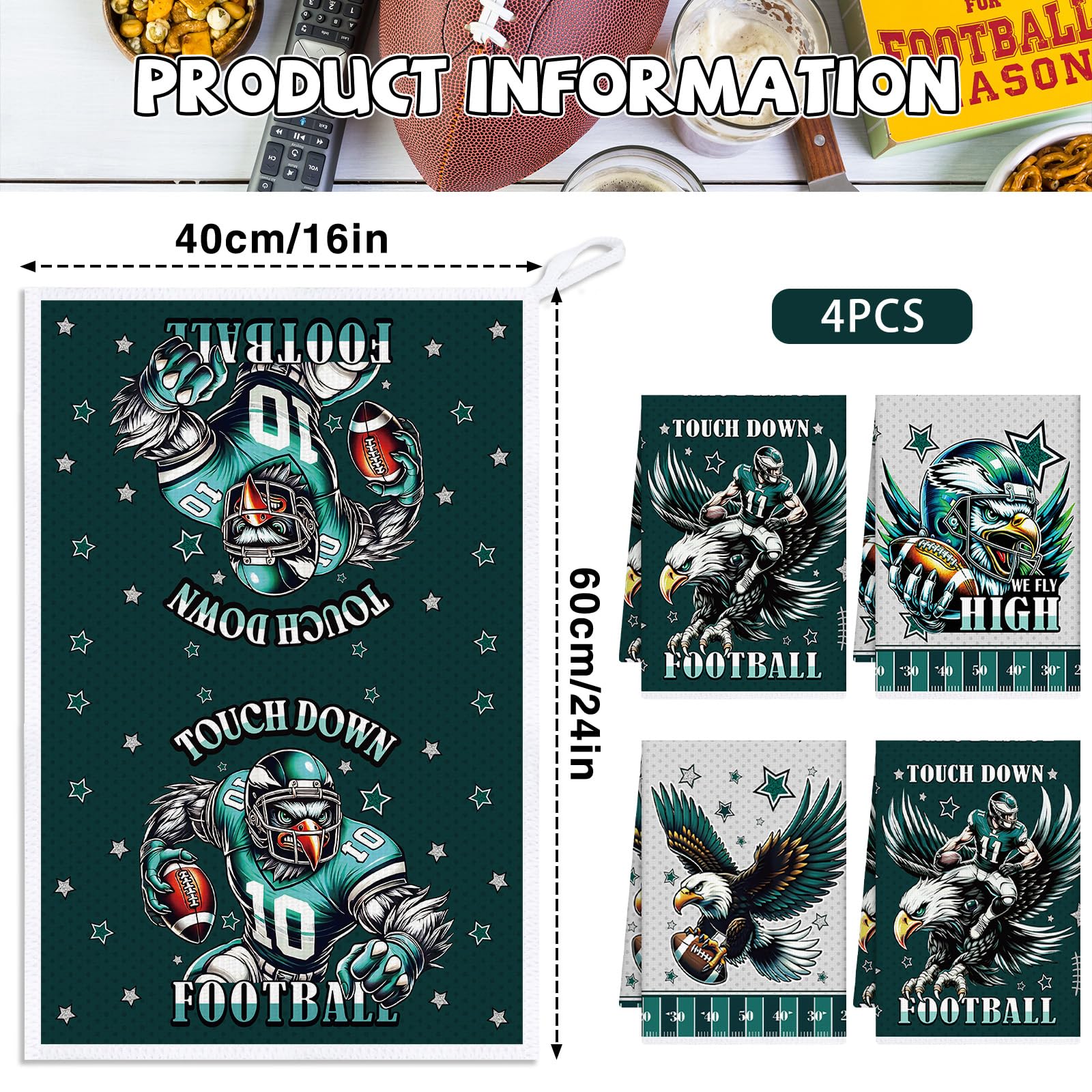 Eagle football design kitchen towels in midnight green silver black