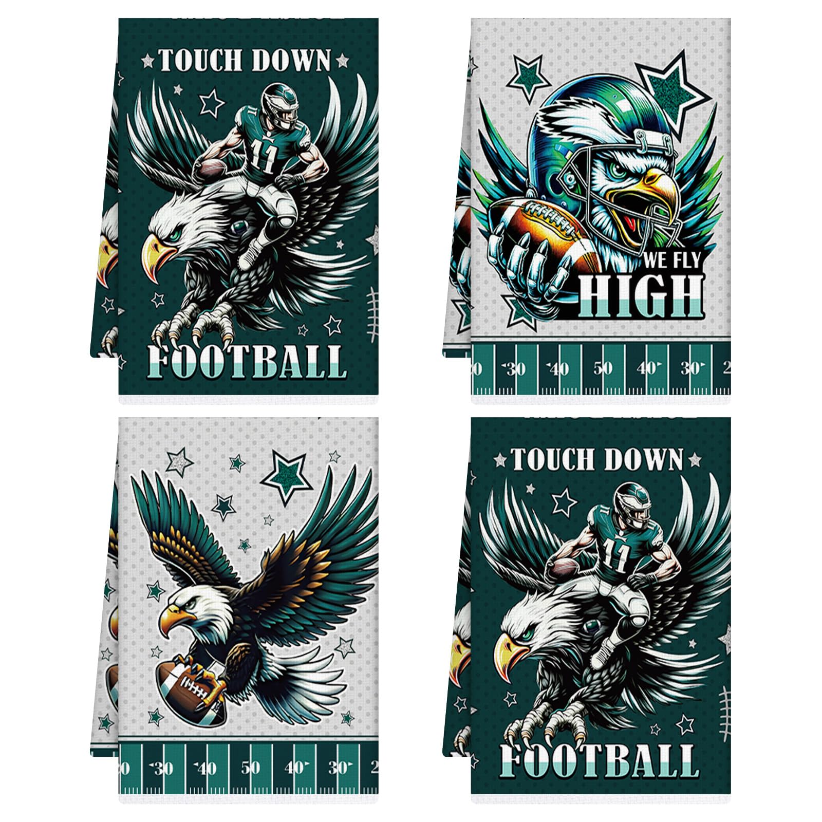 VISSTREE four piece eagle football kitchen towels green set