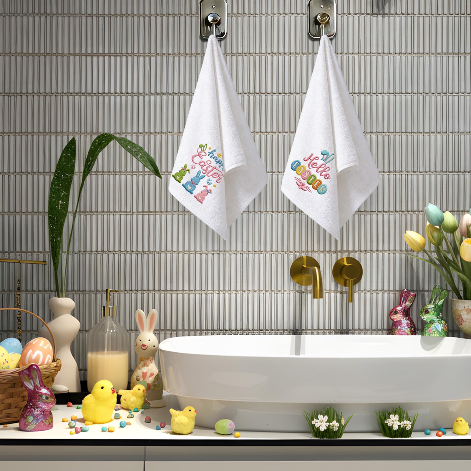 Cotton Easter hand towels with 3D bunny and egg embroidery in pink white