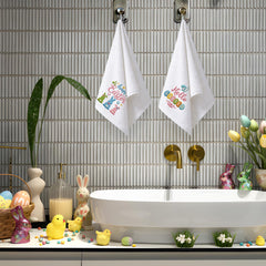 Cotton Easter hand towels with 3D bunny and egg embroidery in pink white