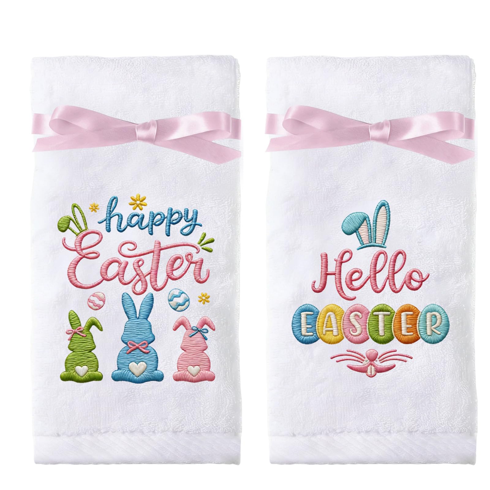 VISSTREE Happy Easter Hand Towels two piece cotton set with bunny embroidery
