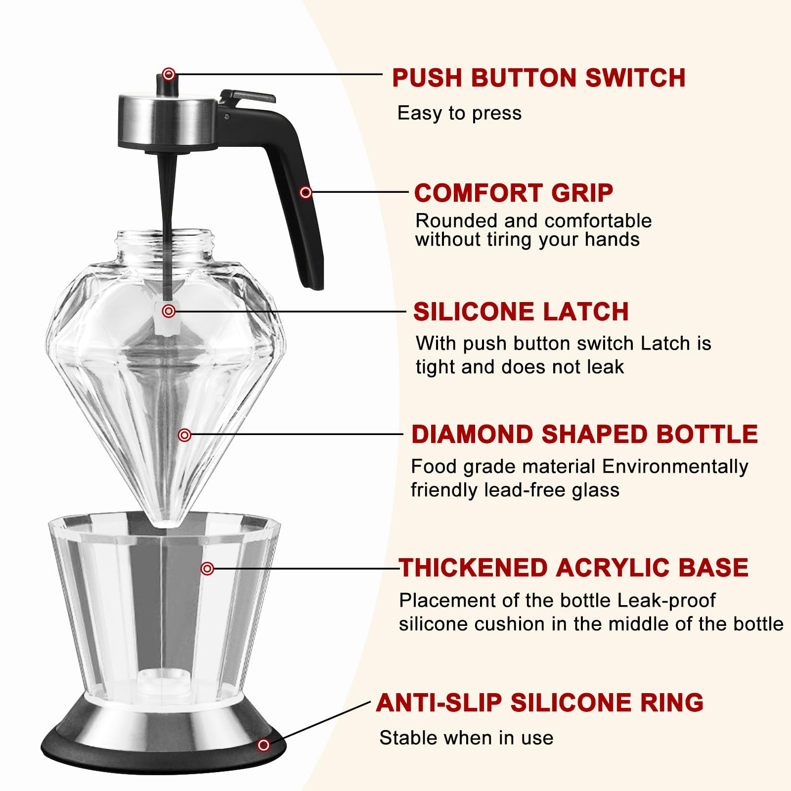 Glass honey dispenser with no drip design on kitchen counter