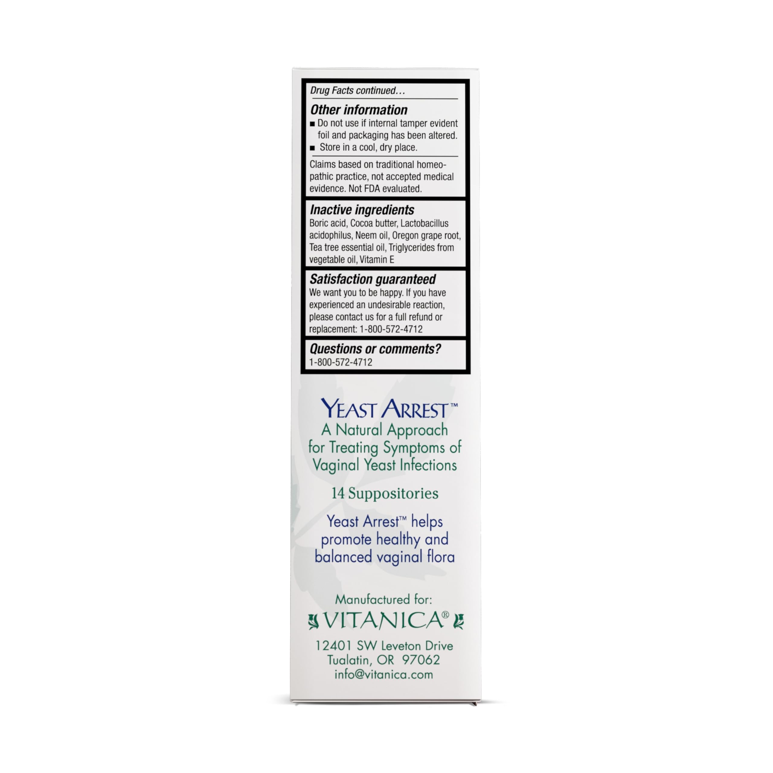 Vitanica Yeast Arrest homeopathic vaginal suppositories foil wrapped package