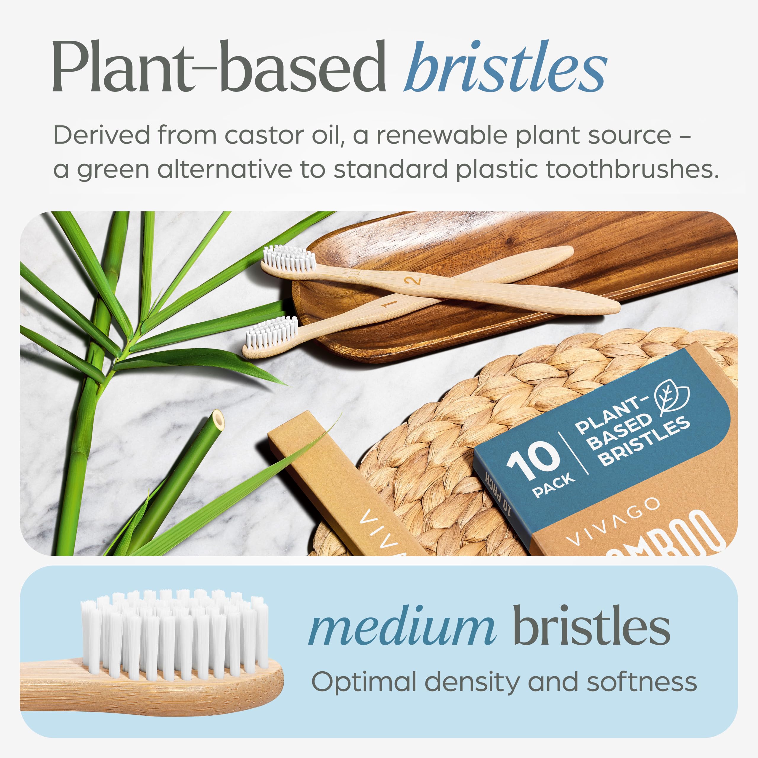 Plant-based medium bristles on bamboo toothbrush by VIVAGO