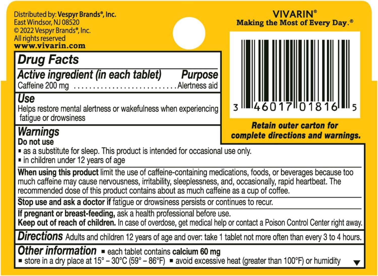 Vivarin caffeine pills 200mg 16 tablets bottle