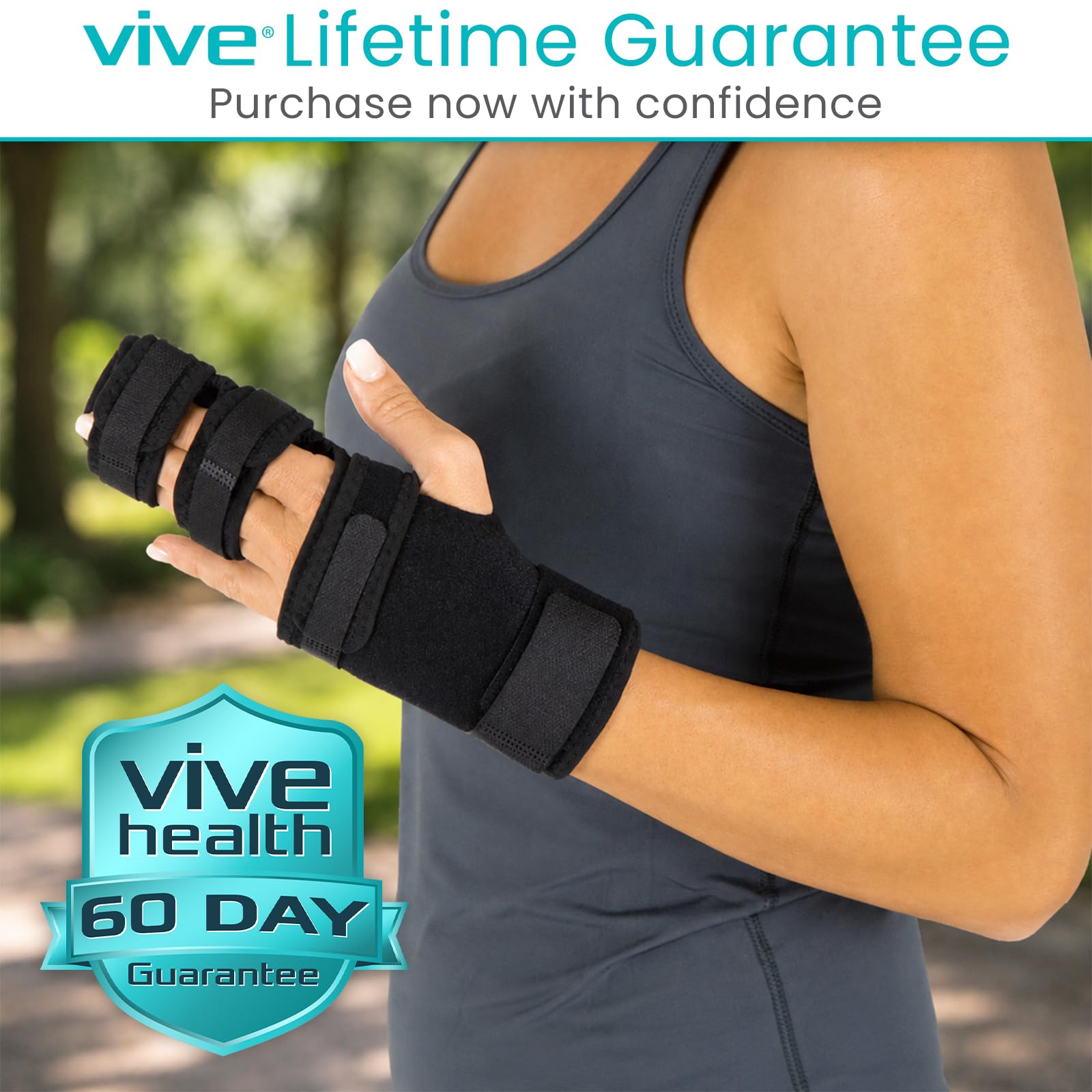 Vive Trigger Finger Splint product packaging and guarantee