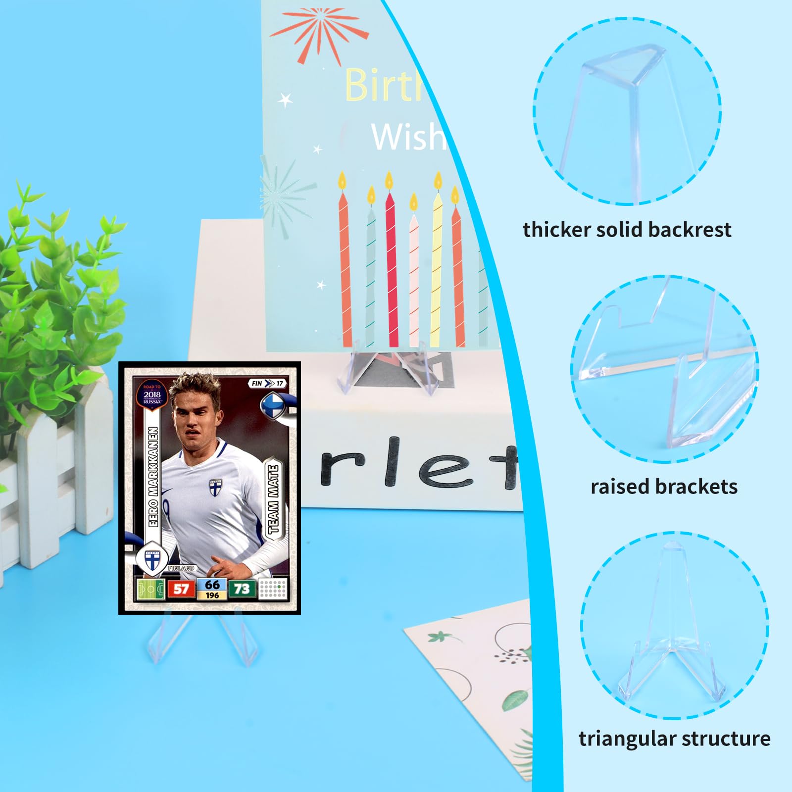 Triangular design provides stable display for cards