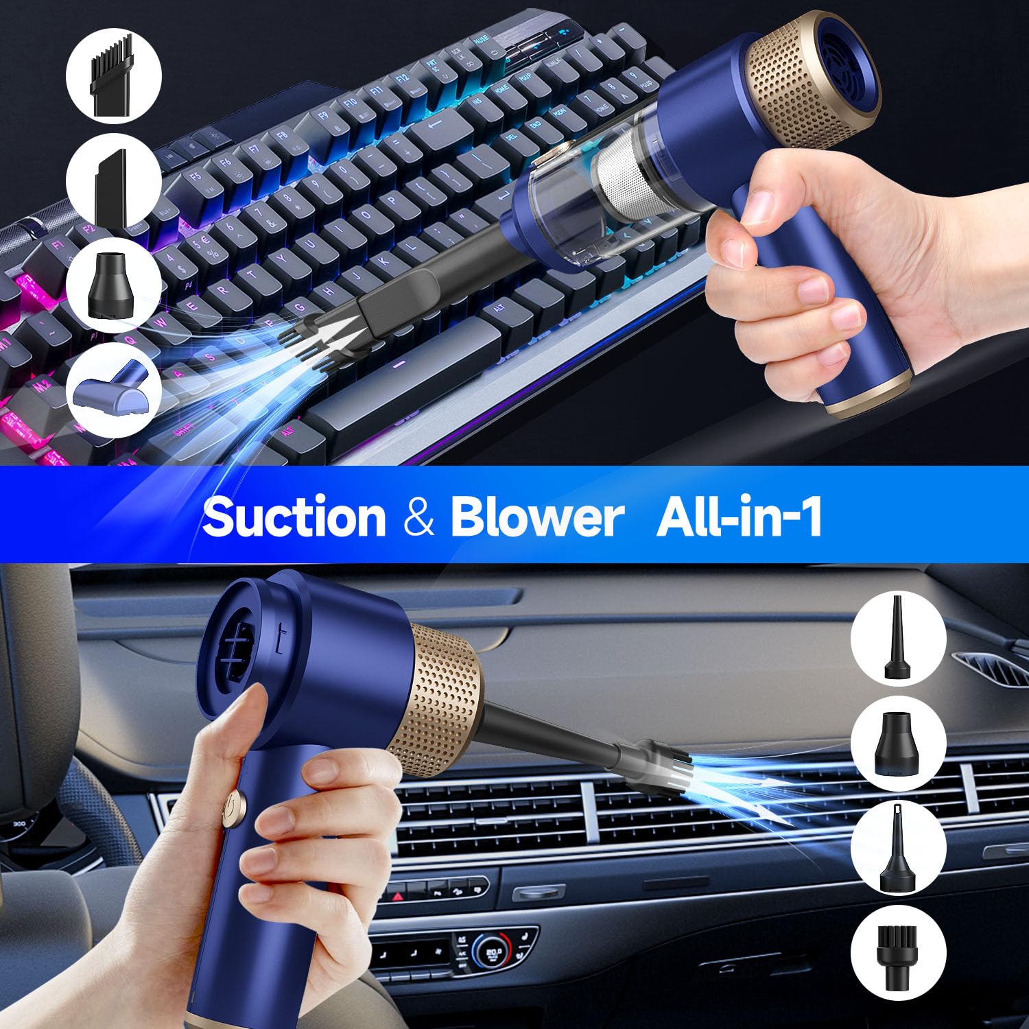 Strong 16000Pa suction for car interior and pet hair