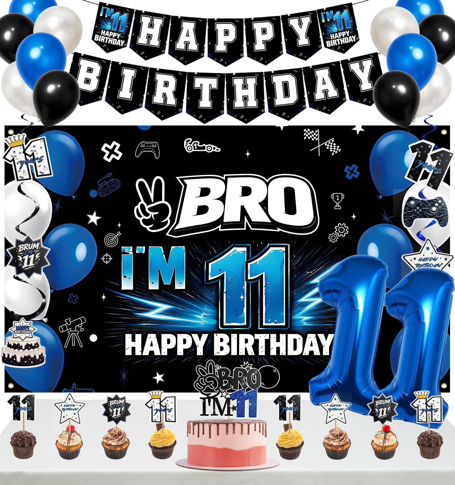 Vnysh 11th birthday decorations set backdrop banner