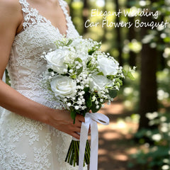 Stems wrapped in white satin ribbon for easy attachment