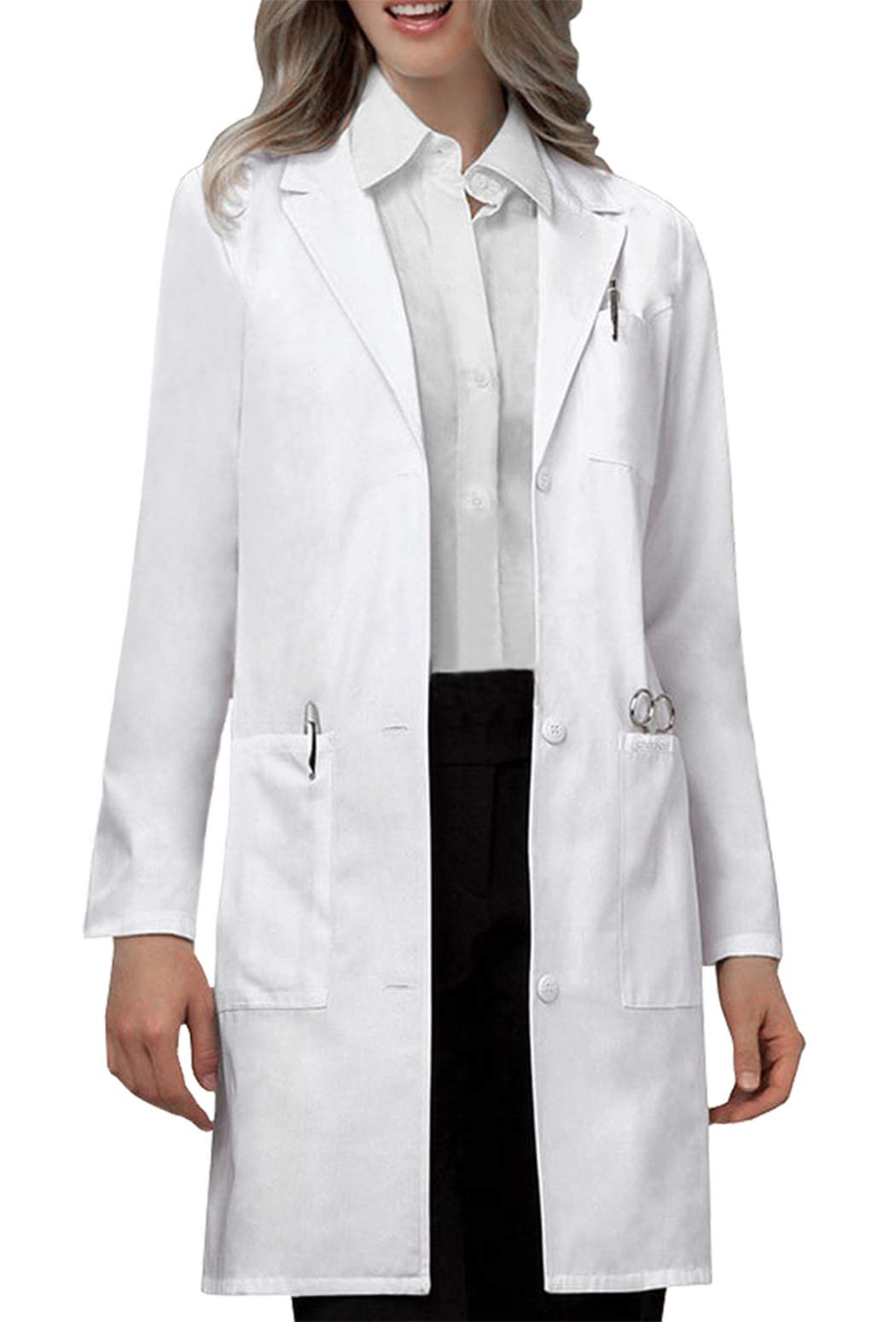 VOGRYE Womens Medical Lab Coat white three-pocket design long sleeve