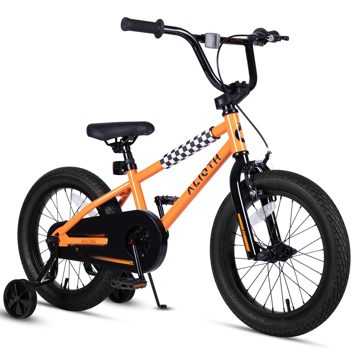 orange vollsch 14-inch BMX style kids bike with training wheels