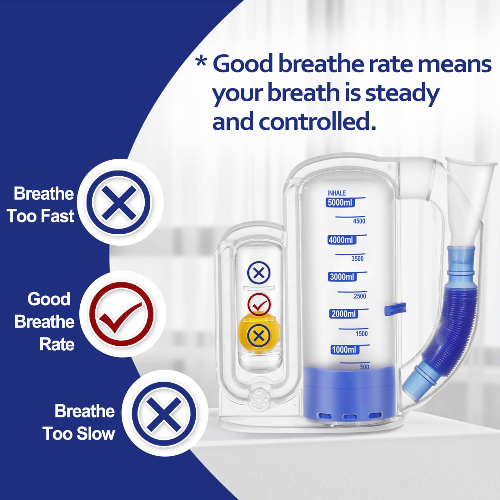 Volumetric deep breathing trainer with 5000ml capacity