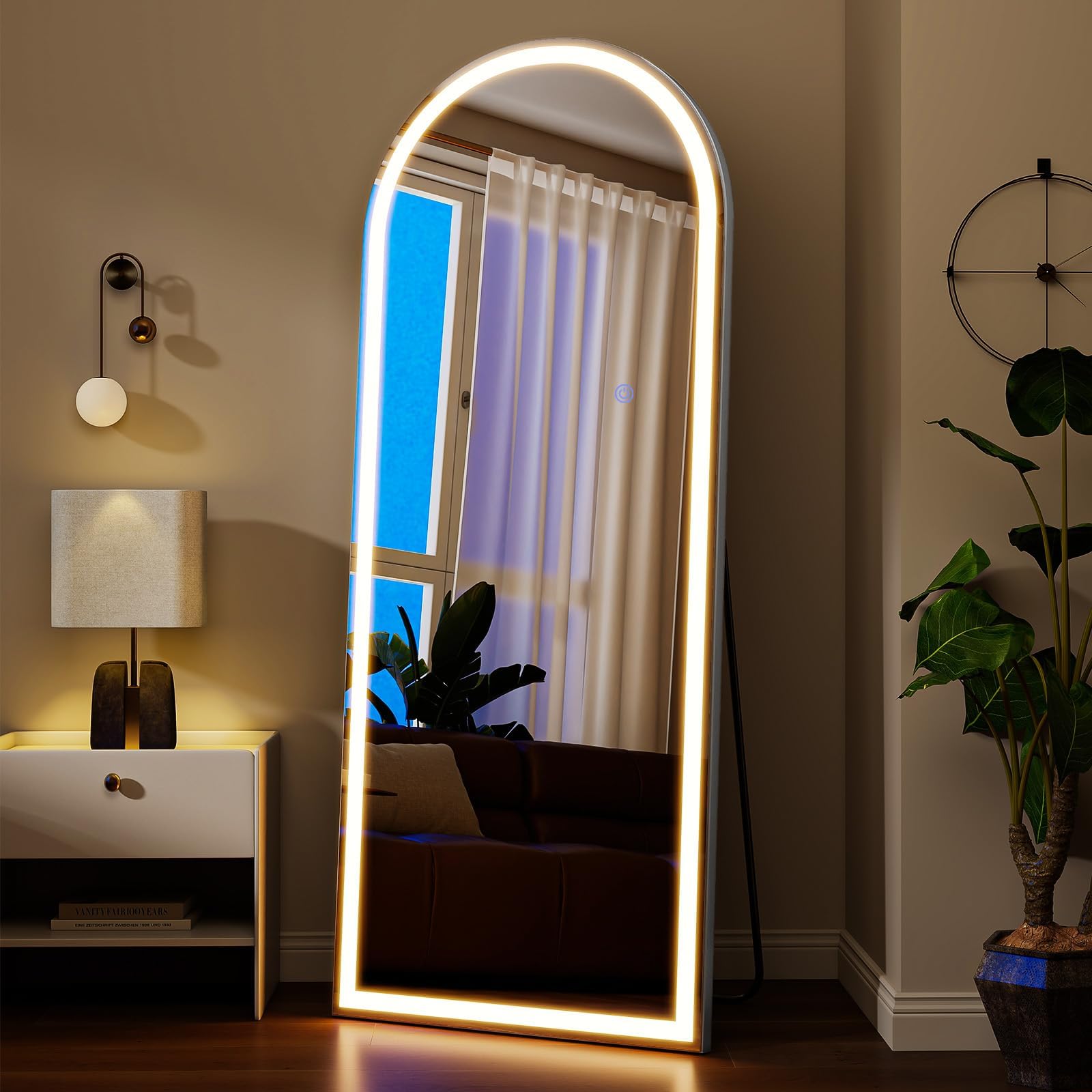 Close up of dimmable LED lighting on VooBang arched mirror 56x21