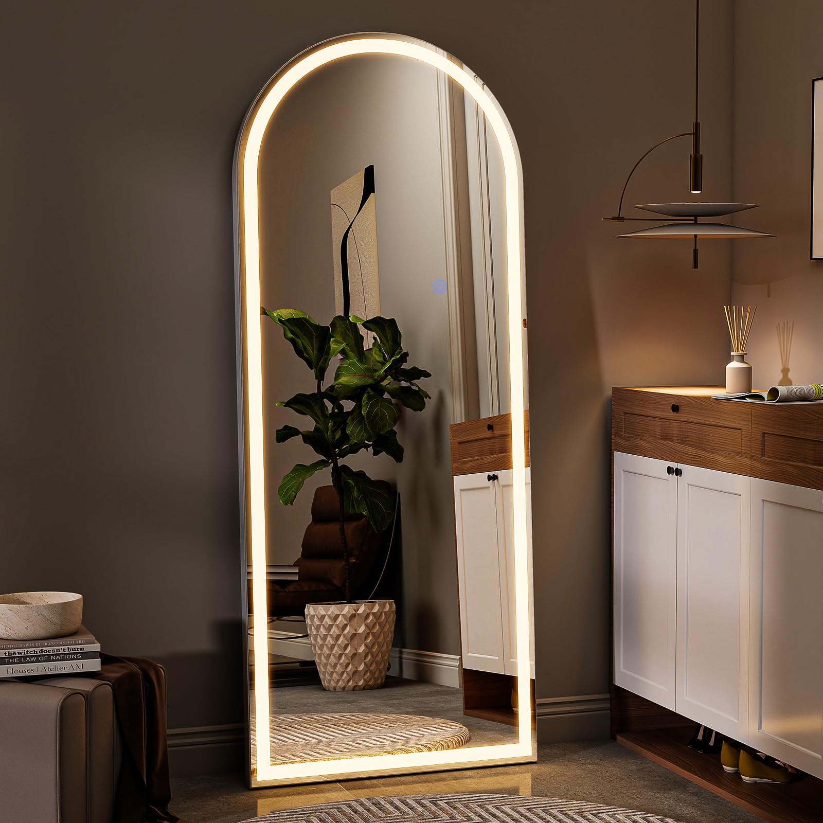 Makeup and outfit checks reflected in VooBang 56x21 LED arched mirror