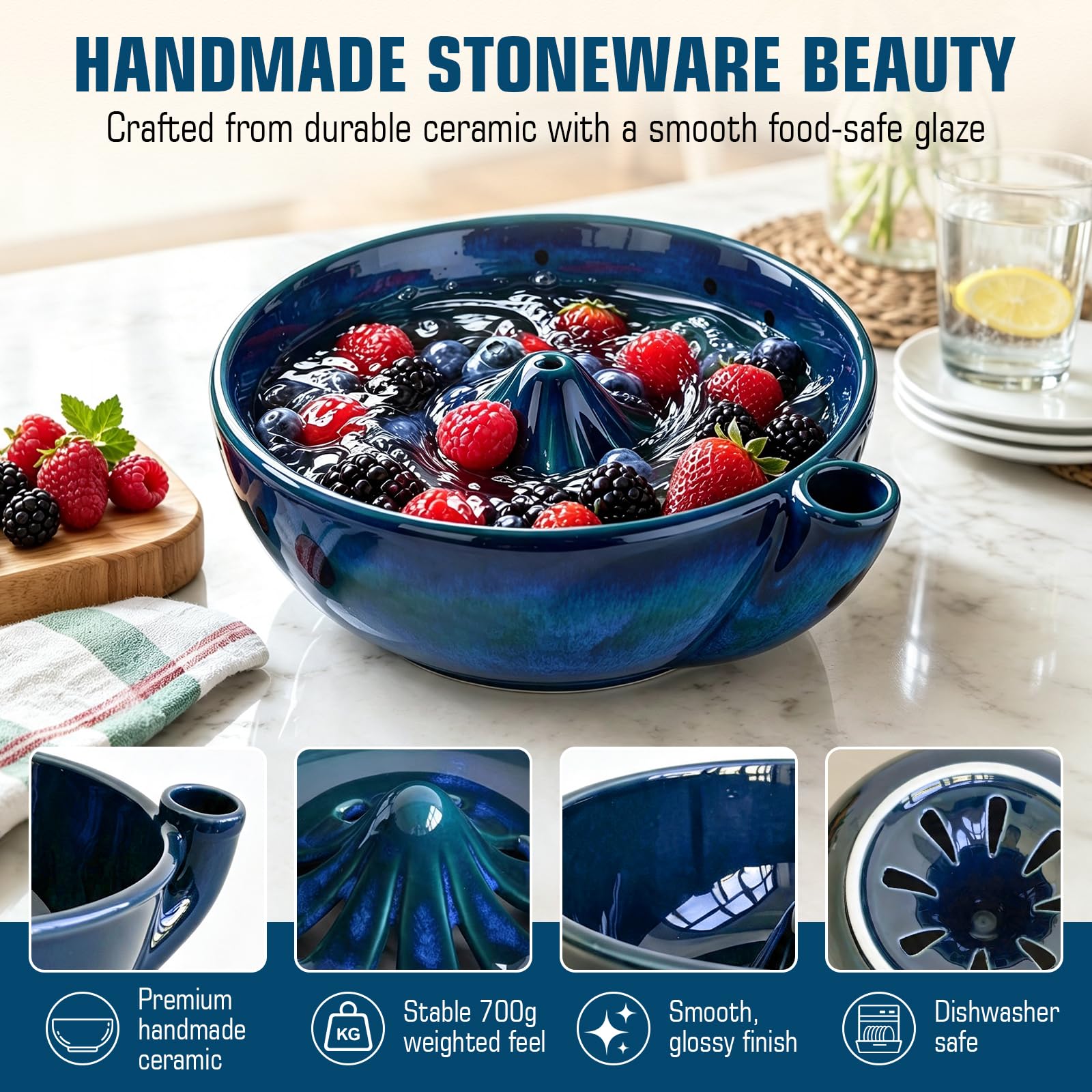 Vortex fruit washing design in ceramic bowl blue