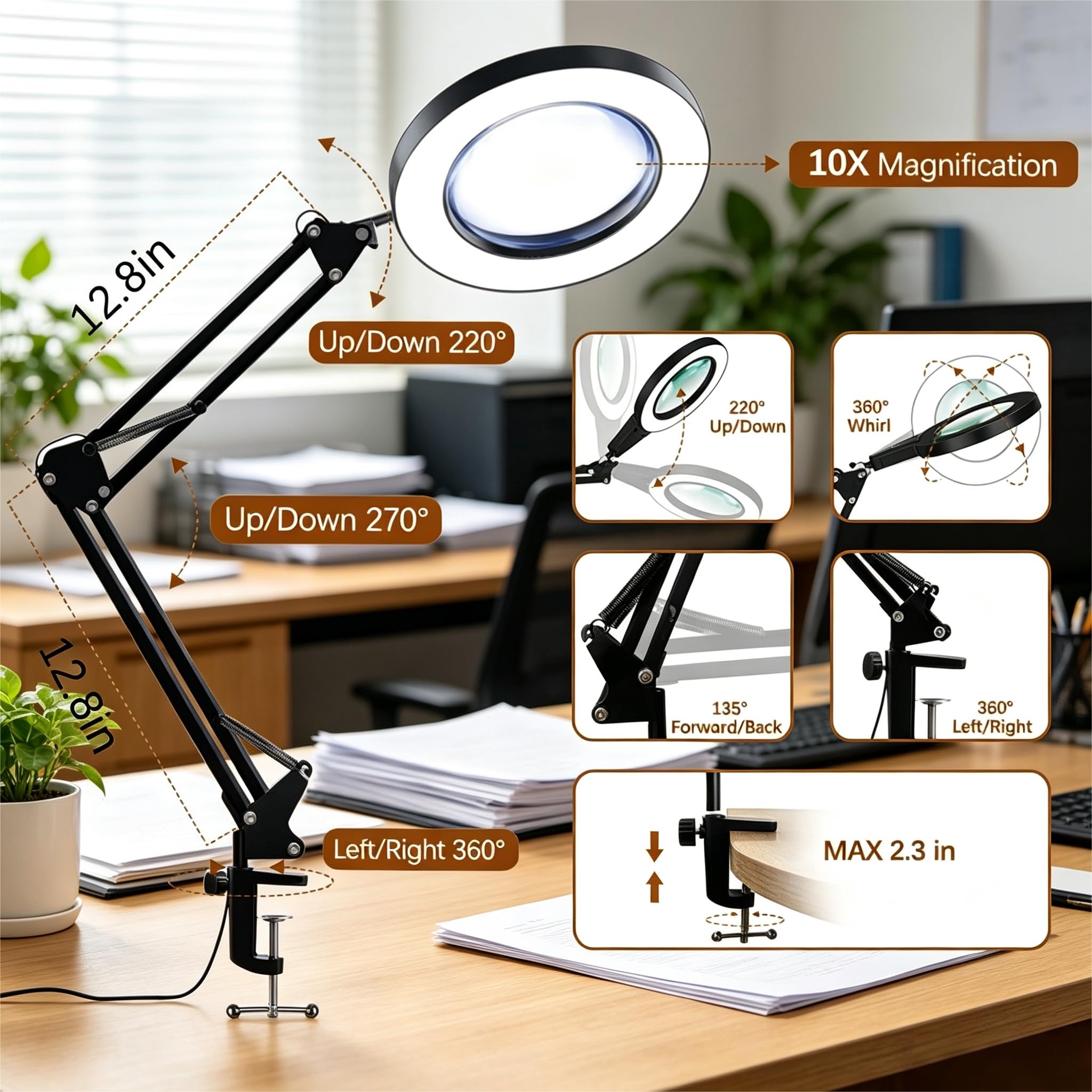 Three color light modes and adjustable brightness on VUEJIC magnifier