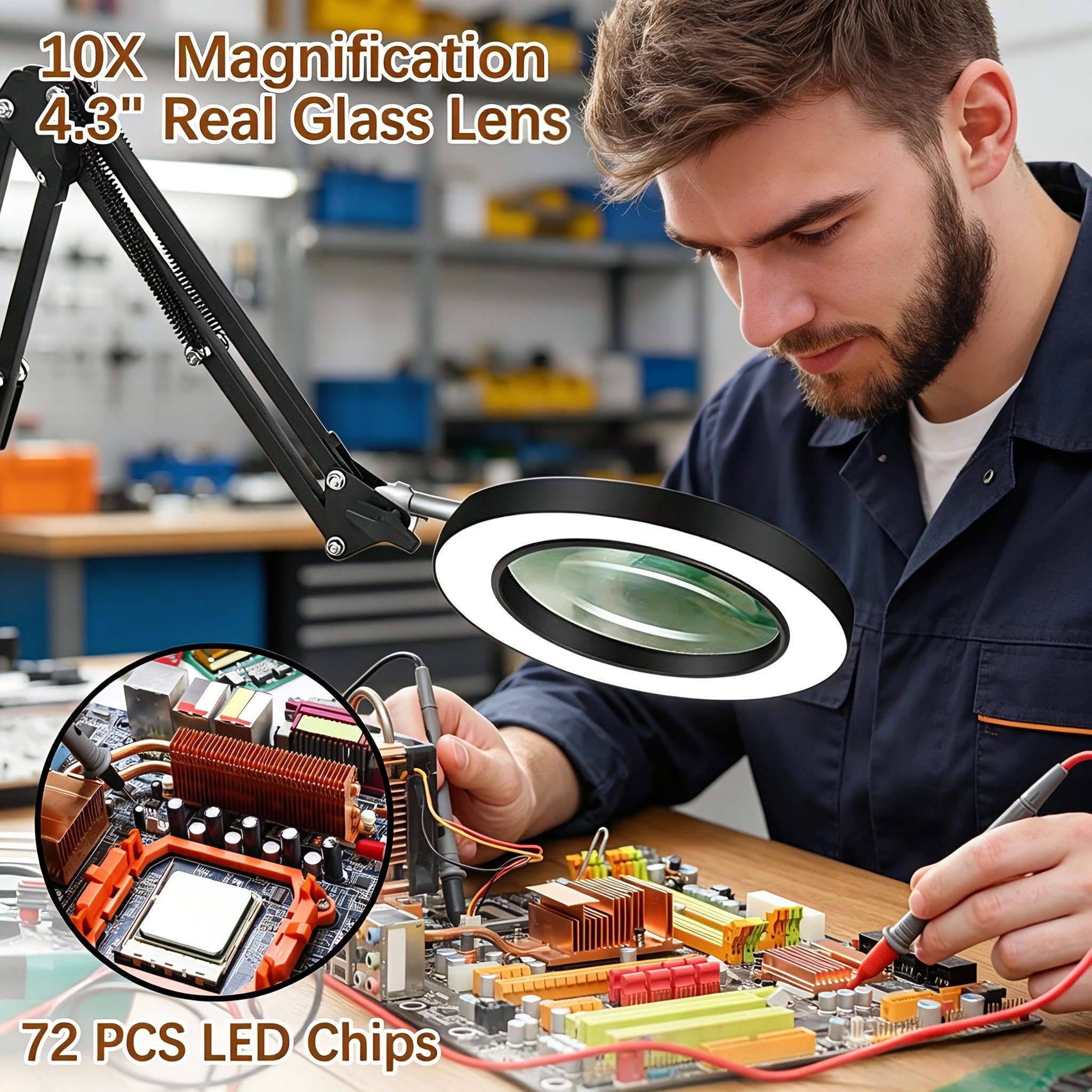 VUEJIC magnifier lamp with 72 LEDs and glass lens