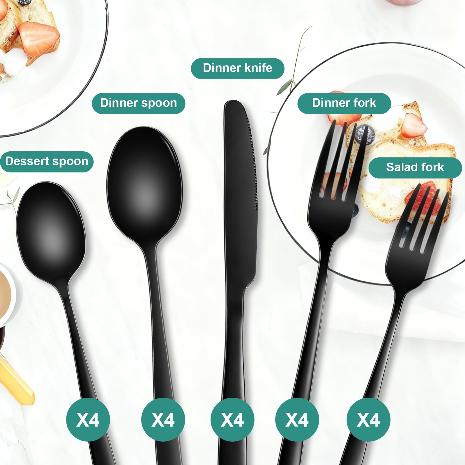 Vyndicca 20 PCS black silverware set dessert spoons arranged