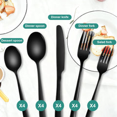 Vyndicca 20 PCS black silverware set dessert spoons arranged